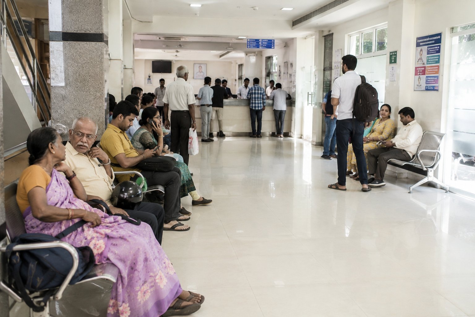 A crowded hospital dialysis waiting area in India, every seat taken