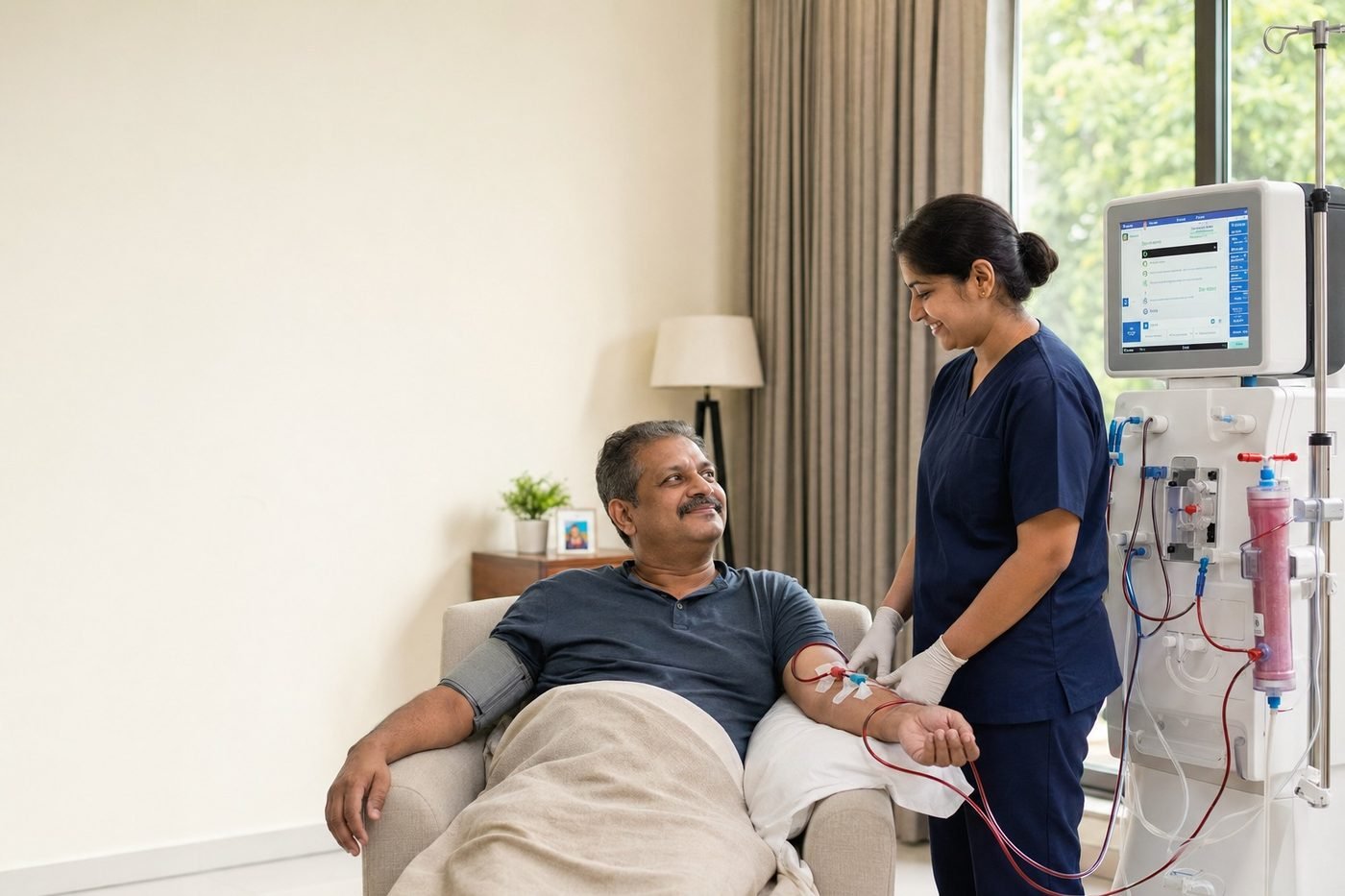 A patient receiving home hemodialysis at home, his family beside him